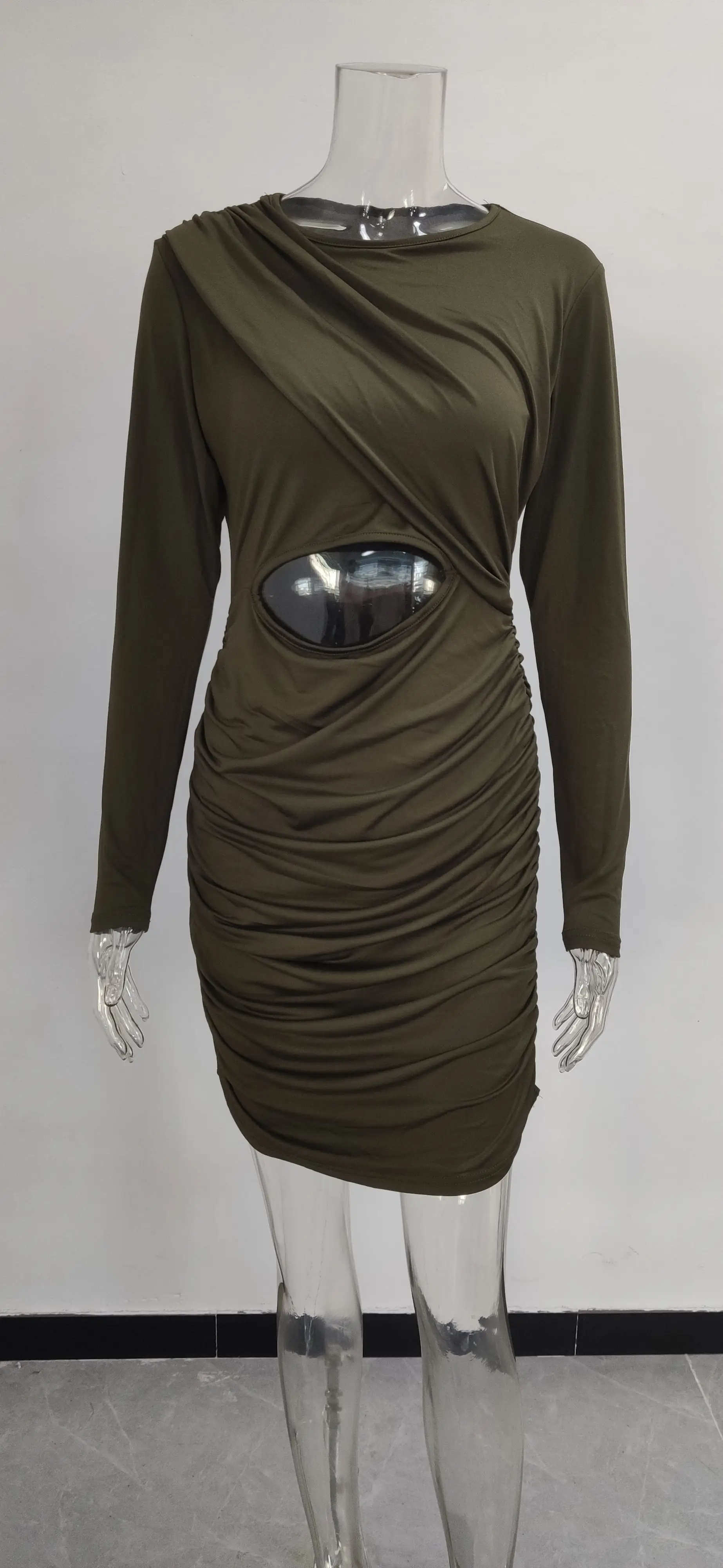 Long Sleeve Pleated Hollow Dress for Women Olive Green — feature 38