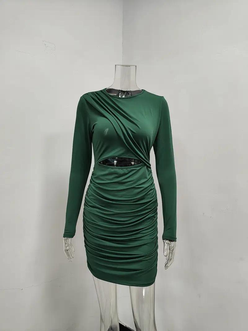Long Sleeve Pleated Hollow Dress for Women Olive Green — feature 39