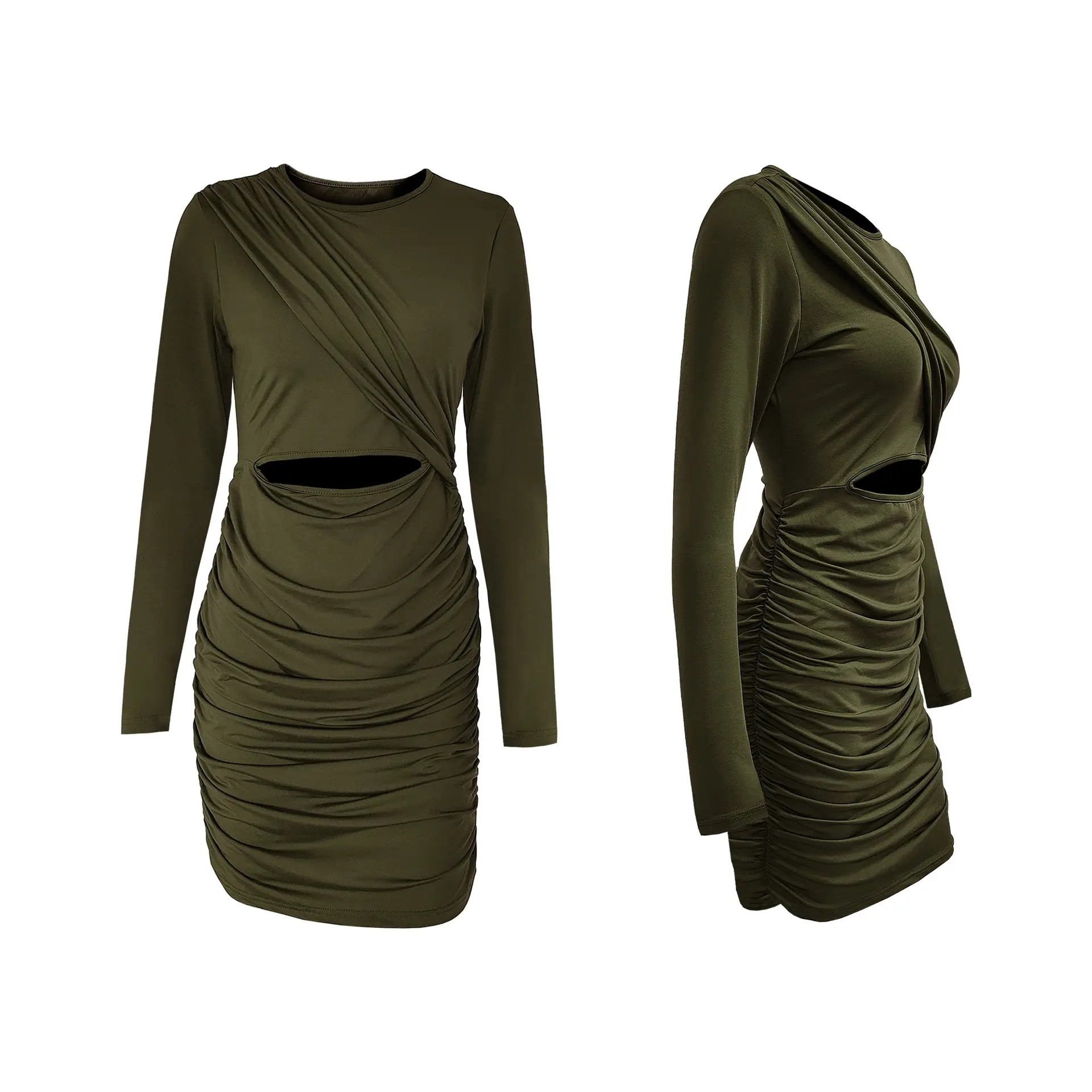 Long Sleeve Pleated Hollow Dress for Women Olive Green — feature 4