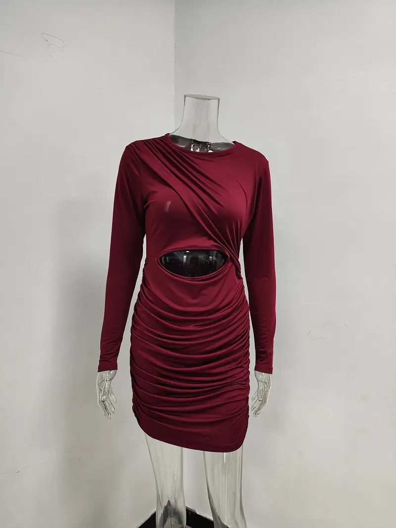 Long Sleeve Pleated Hollow Dress for Women Olive Green — feature 41