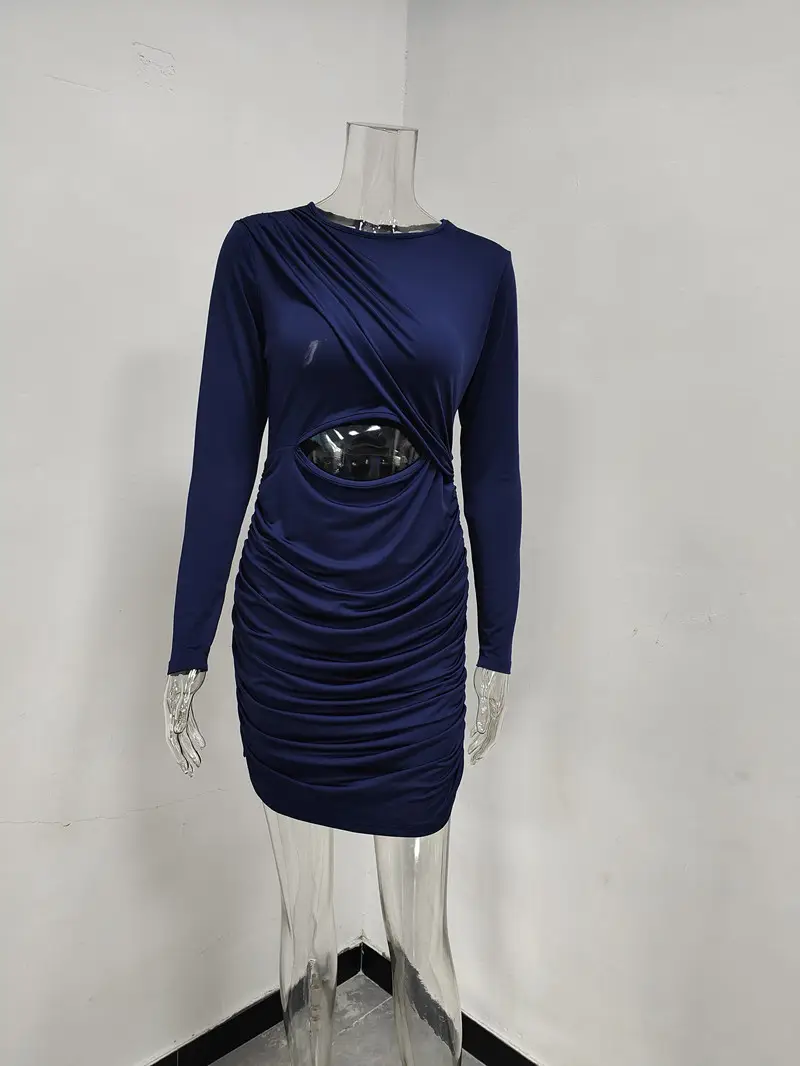 Long Sleeve Pleated Hollow Dress for Women Olive Green — feature 42