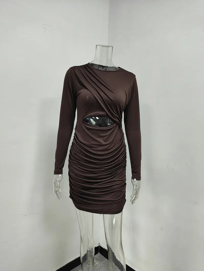 Long Sleeve Pleated Hollow Dress for Women Olive Green — feature 43