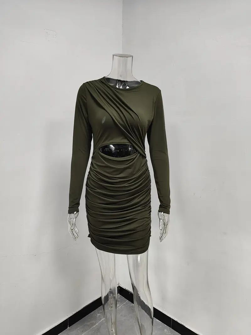 Long Sleeve Pleated Hollow Dress for Women Olive Green — feature 44