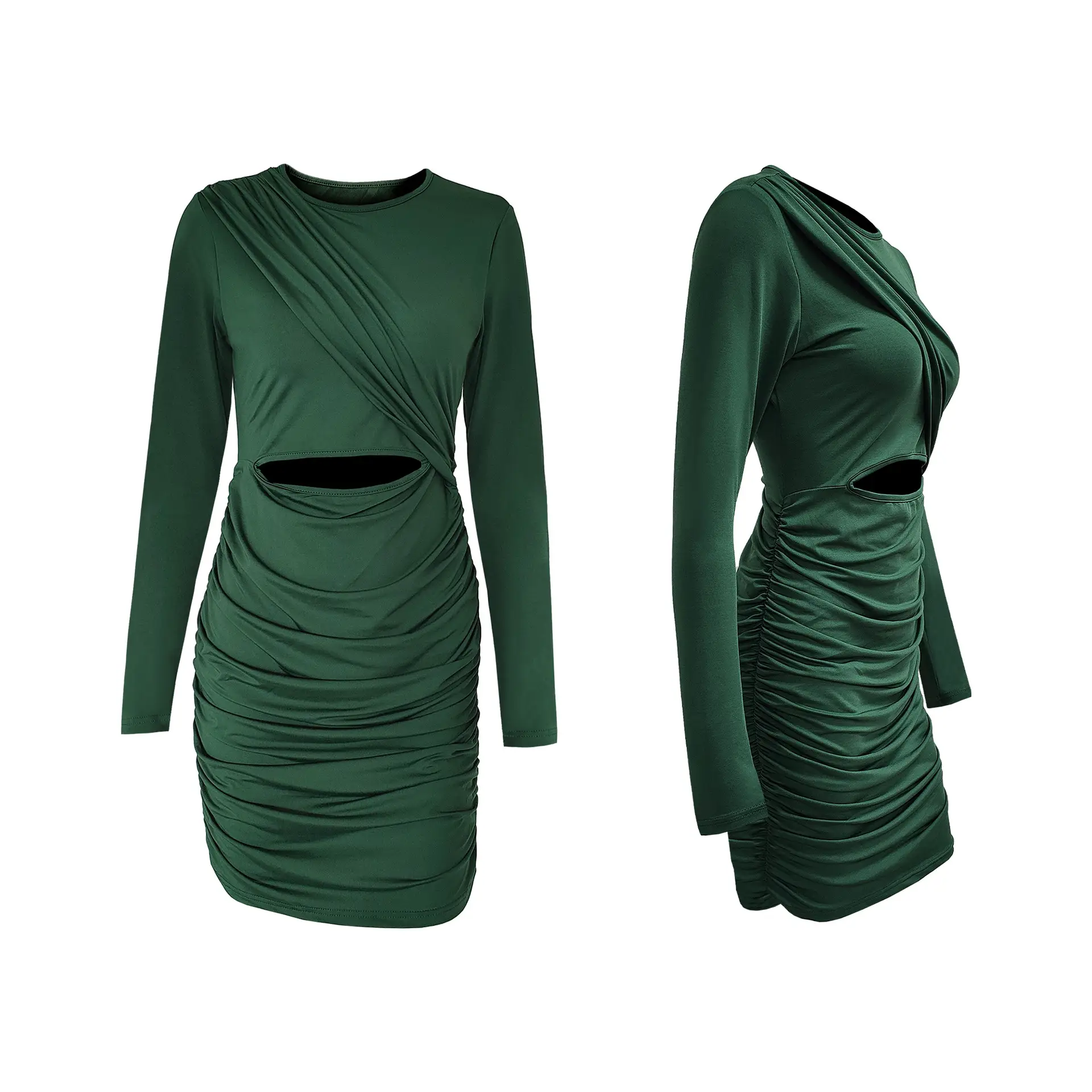 Long Sleeve Pleated Hollow Dress for Women Olive Green — feature 5