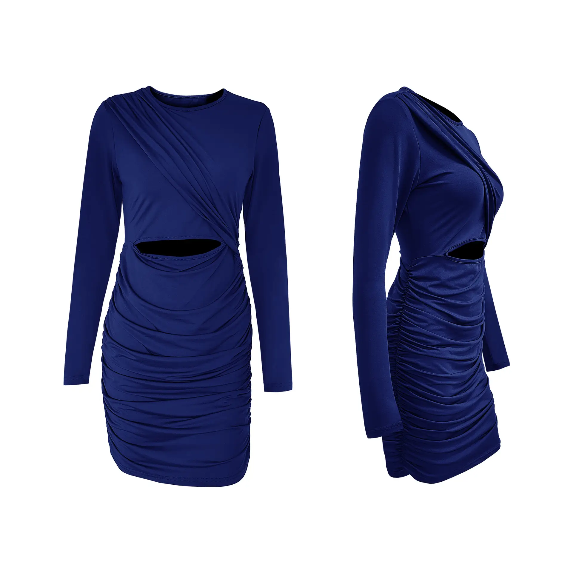 Long Sleeve Pleated Hollow Dress for Women Olive Green — feature 6