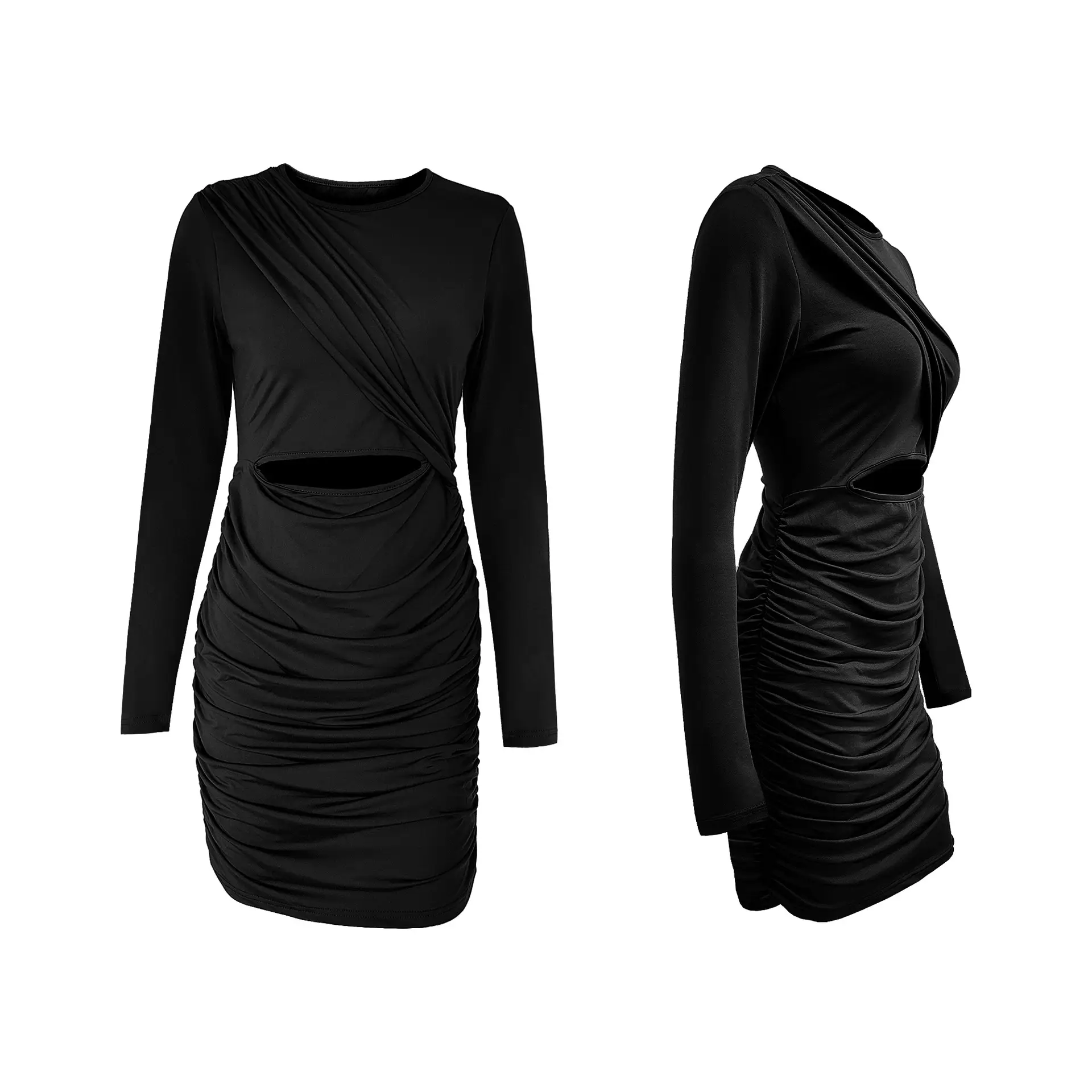 Long Sleeve Pleated Hollow Dress for Women Olive Green — feature 8