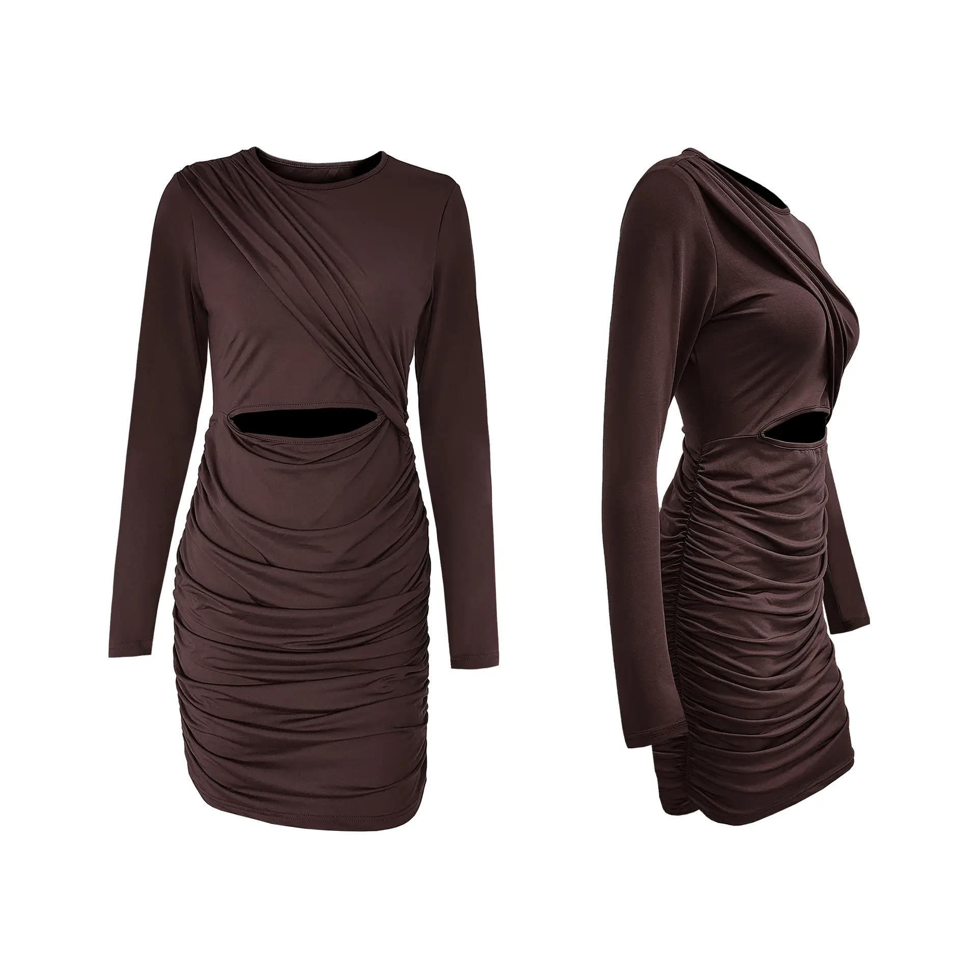 Long Sleeve Pleated Hollow Dress for Women Olive Green — feature 9