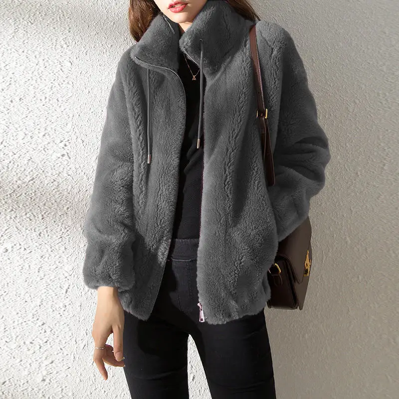 Women's Green Fleece Zipper Coat with Vertical Collar - Image 10