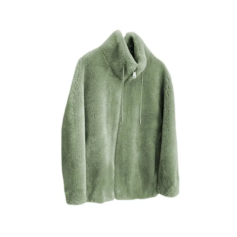 Women's Green Fleece Zipper Coat with Vertical Collar - Image 13