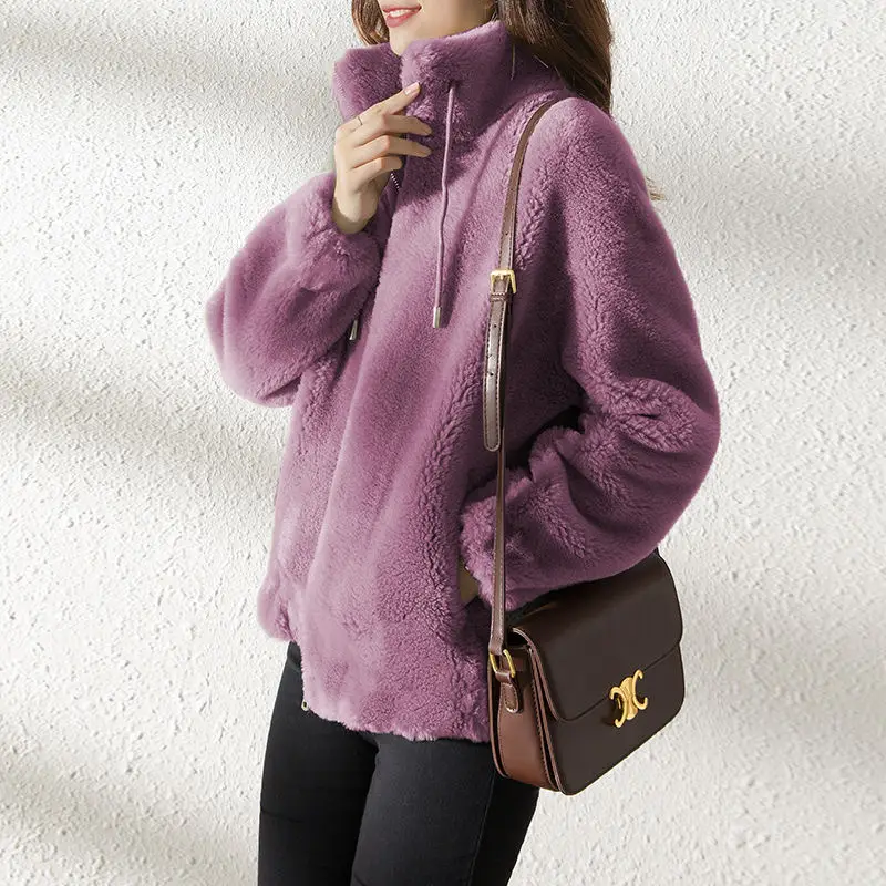 Women's Green Fleece Zipper Coat with Vertical Collar — feature 11
