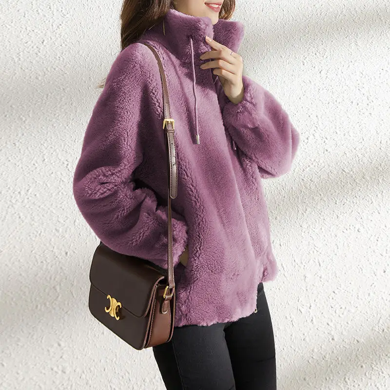 Women's Green Fleece Zipper Coat with Vertical Collar — feature 13