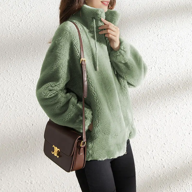 Women's Green Fleece Zipper Coat with Vertical Collar — feature 14