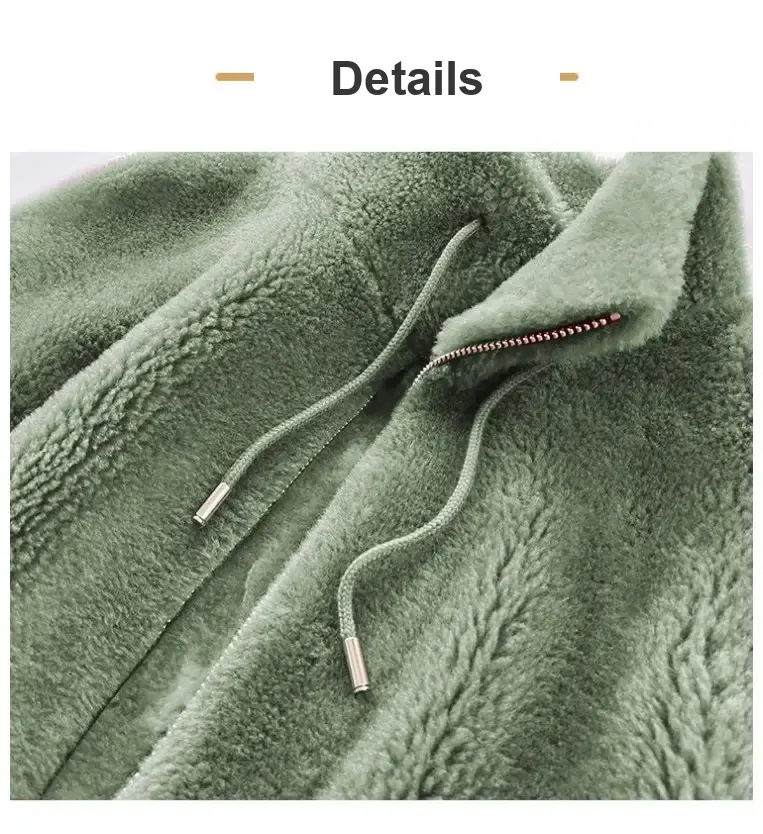 Close-up of the green fleece, drawstrings and zipper at the collar