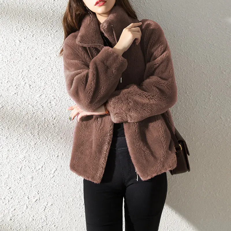 Women's Green Fleece Zipper Coat with Vertical Collar — feature 19
