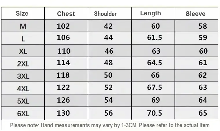 Size chart listing chest, shoulder, garment length and sleeve measurements in cm for M to 6XL
