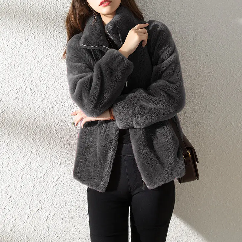 Women's Green Fleece Zipper Coat with Vertical Collar — feature 20