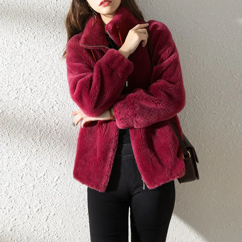 Women's Green Fleece Zipper Coat with Vertical Collar — feature 21