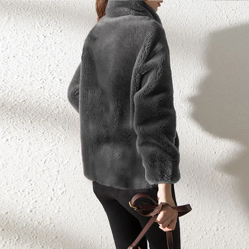 Women's Green Fleece Zipper Coat with Vertical Collar — feature 22