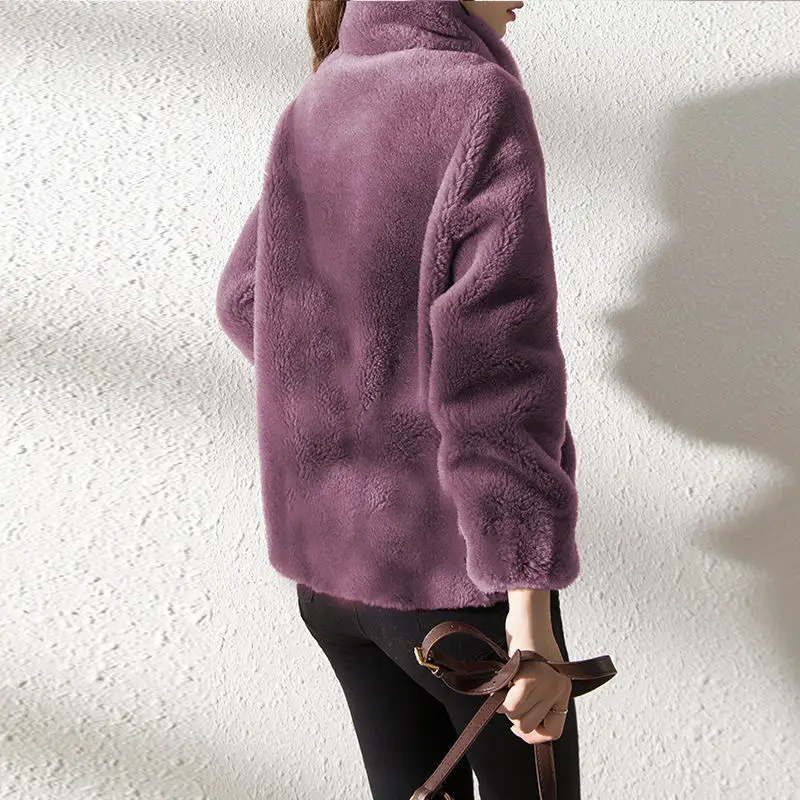 Women's Green Fleece Zipper Coat with Vertical Collar — feature 23