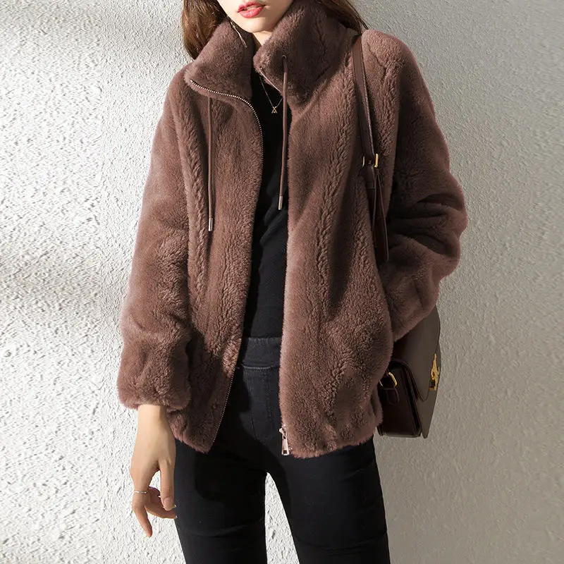 Women's Green Fleece Zipper Coat with Vertical Collar — feature 4