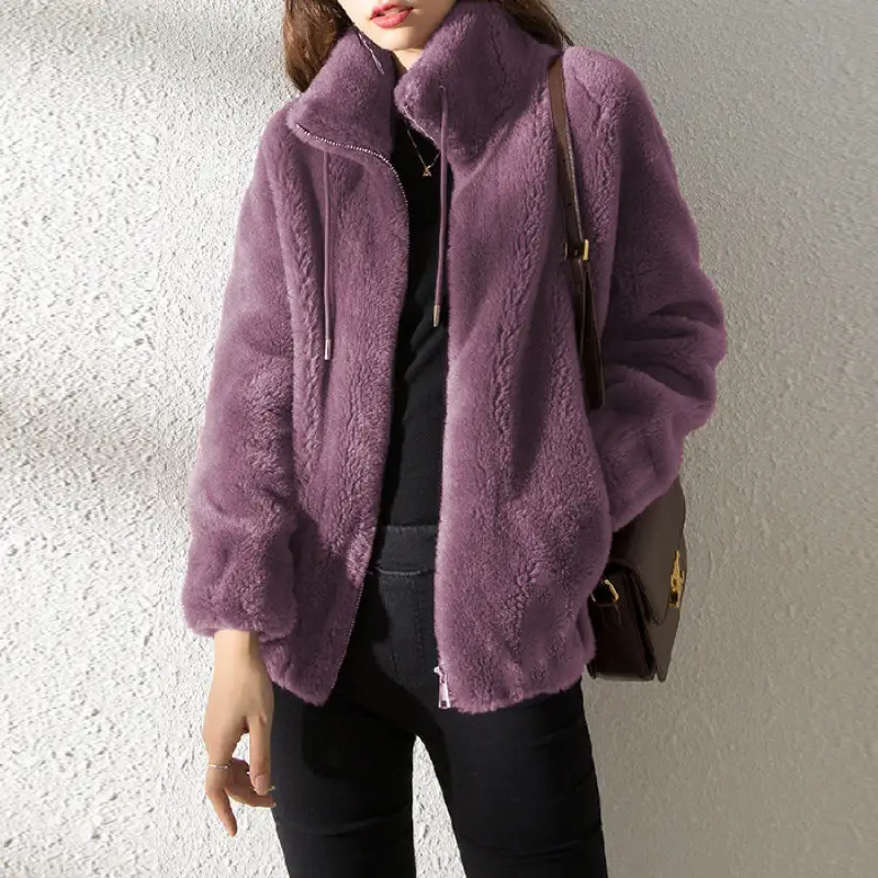 Women's Green Fleece Zipper Coat with Vertical Collar - Image 5