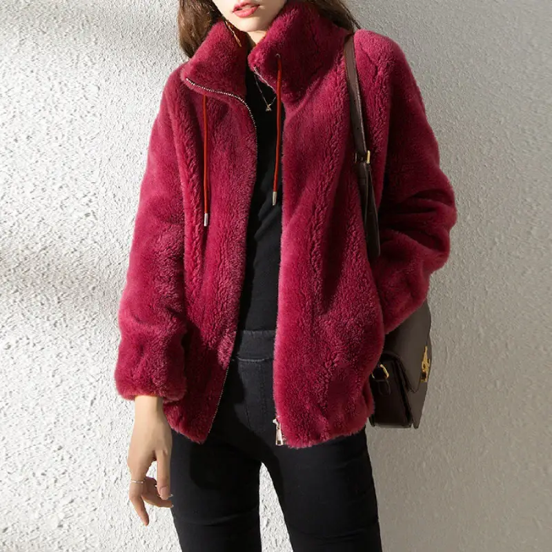 Women's Green Fleece Zipper Coat with Vertical Collar - Image 6