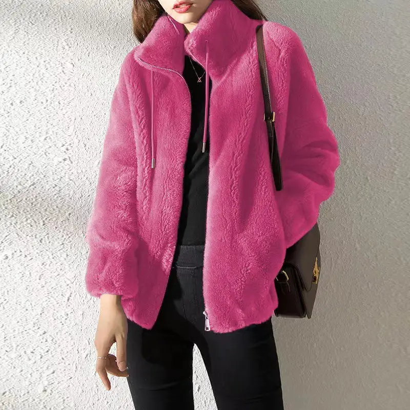 Women's Green Fleece Zipper Coat with Vertical Collar - Image 8