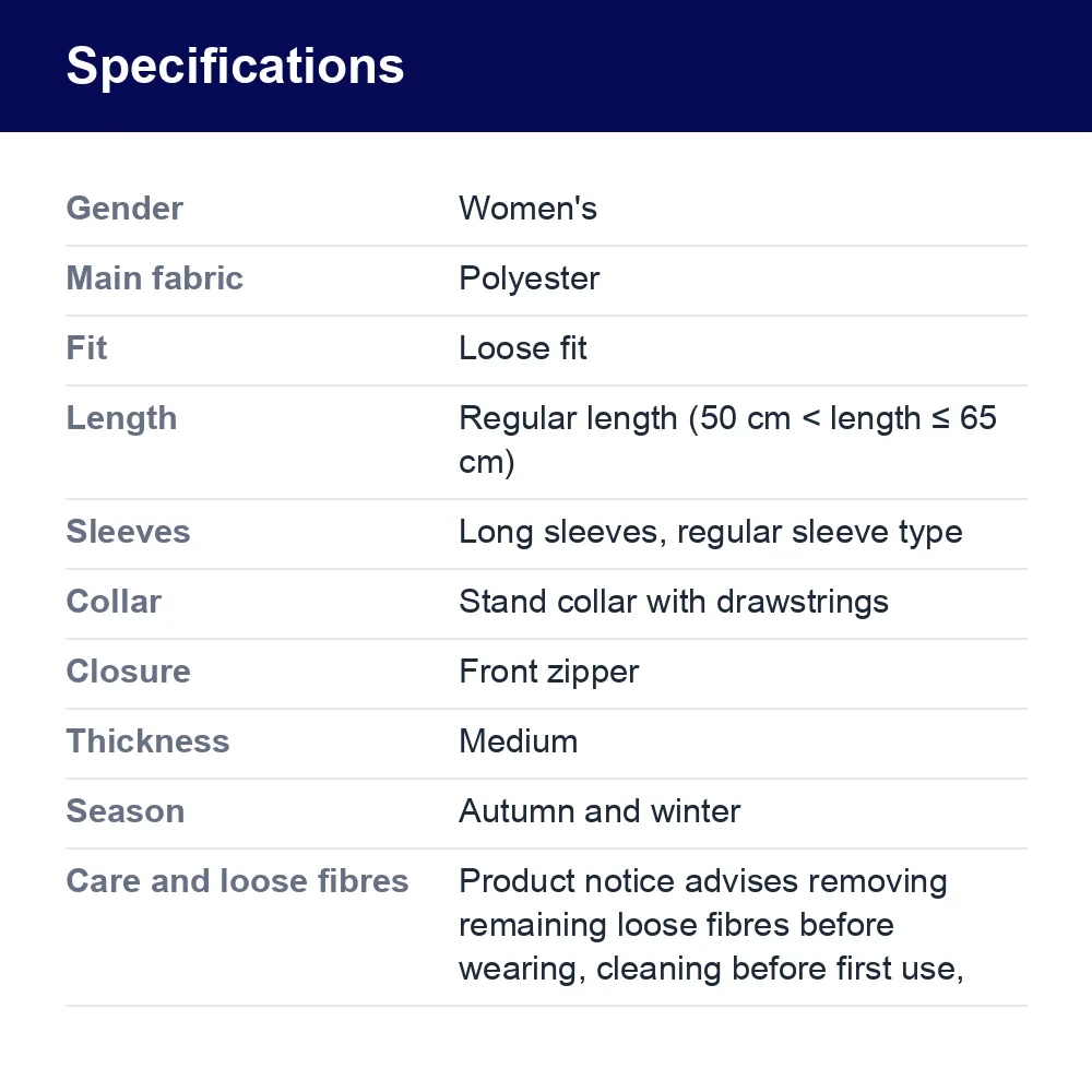Women's Fleece Jacket with Stand Collar and Zip – specifications