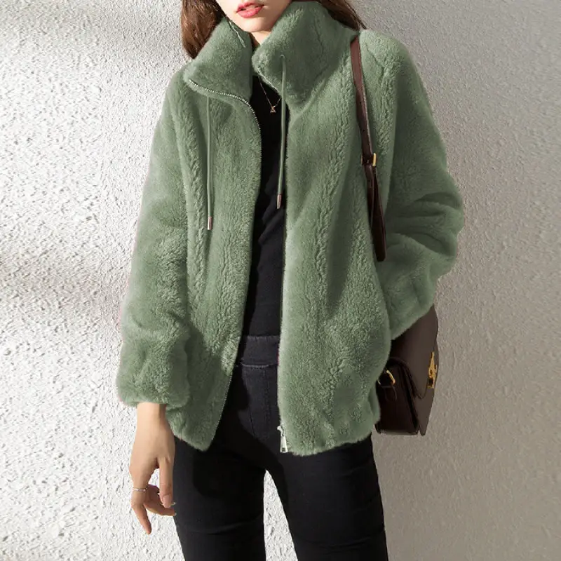 Women's Green Fleece Zipper Coat with Vertical Collar - Image 3