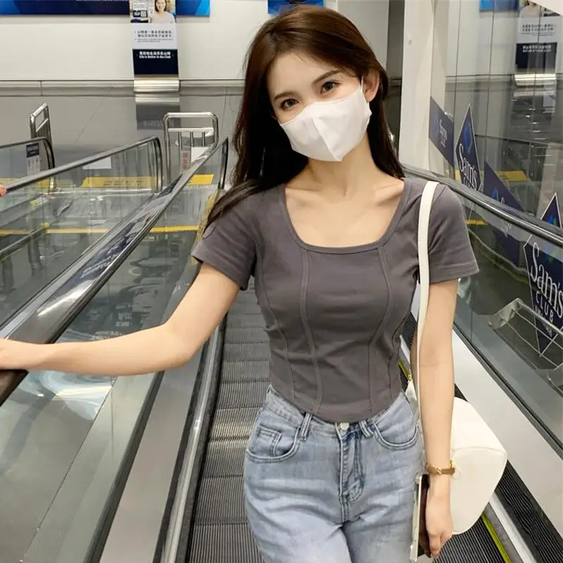 Women Black Square Neck T-Shirt Slim Fit Summer 2025 - Image 4