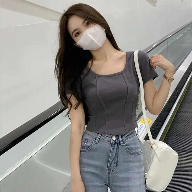 Women Black Square Neck T-Shirt Slim Fit Summer 2025 - Image 6