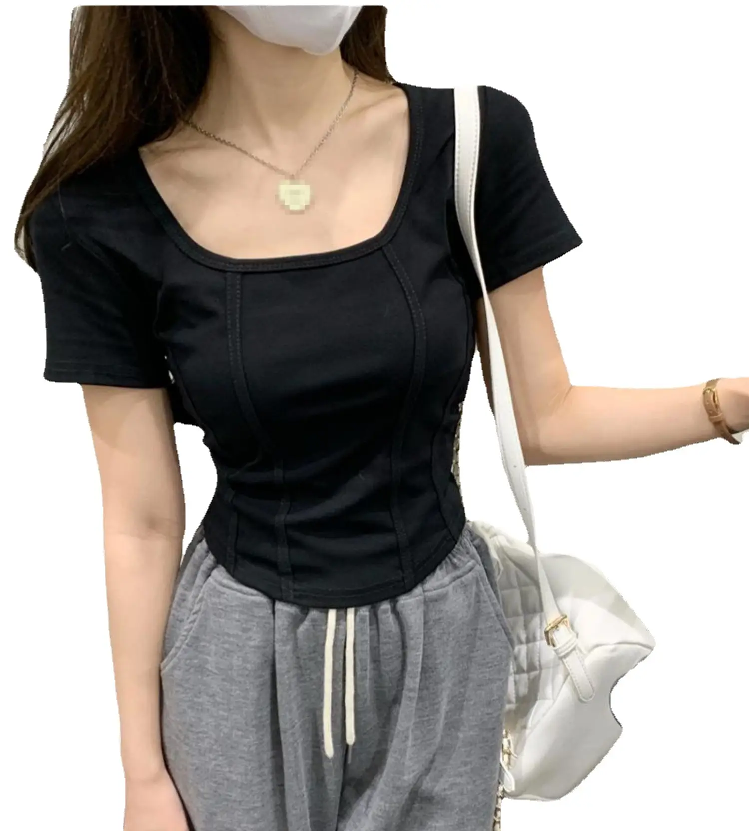 Women Black Square Neck T-Shirt Slim Fit Summer 2025 - Image 8