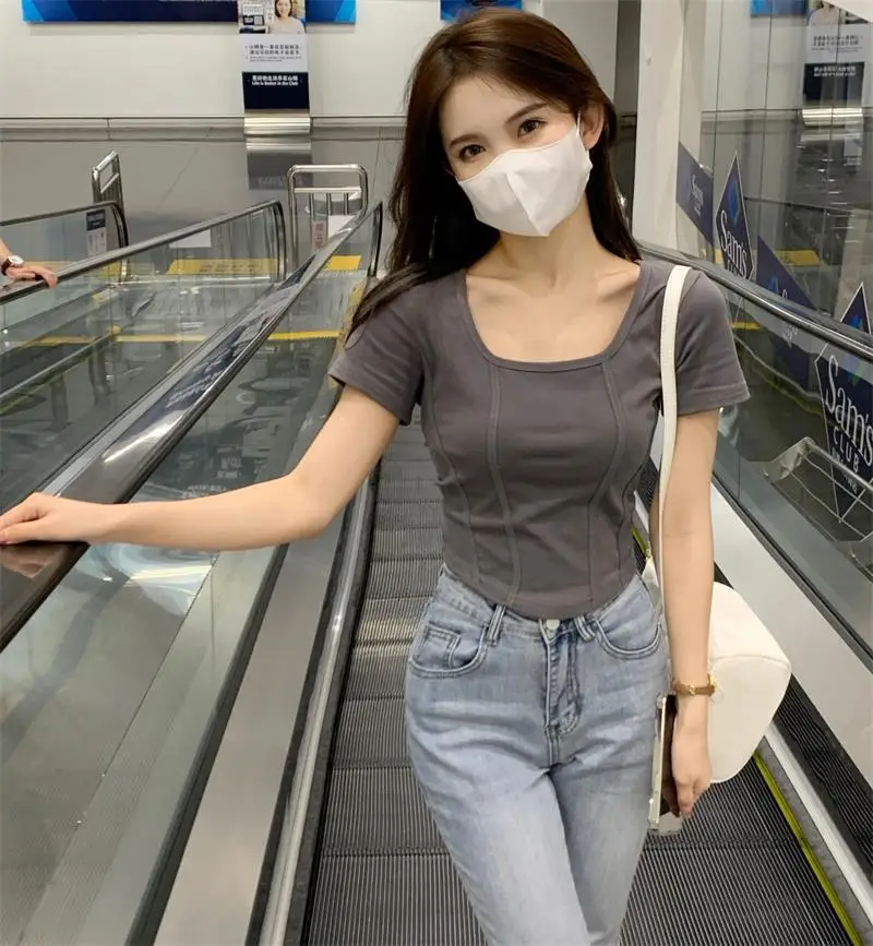 Women Black Square Neck T-Shirt Slim Fit Summer 2025 — feature 10