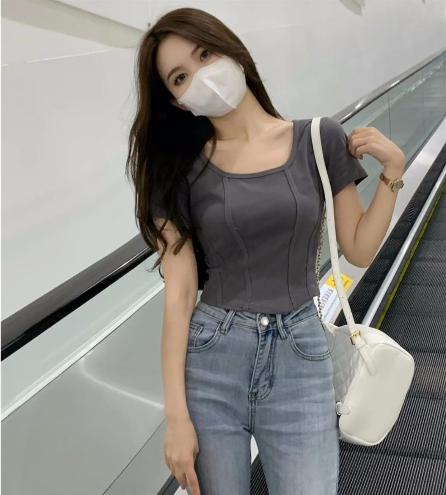 Women Black Square Neck T-Shirt Slim Fit Summer 2025 — feature 8