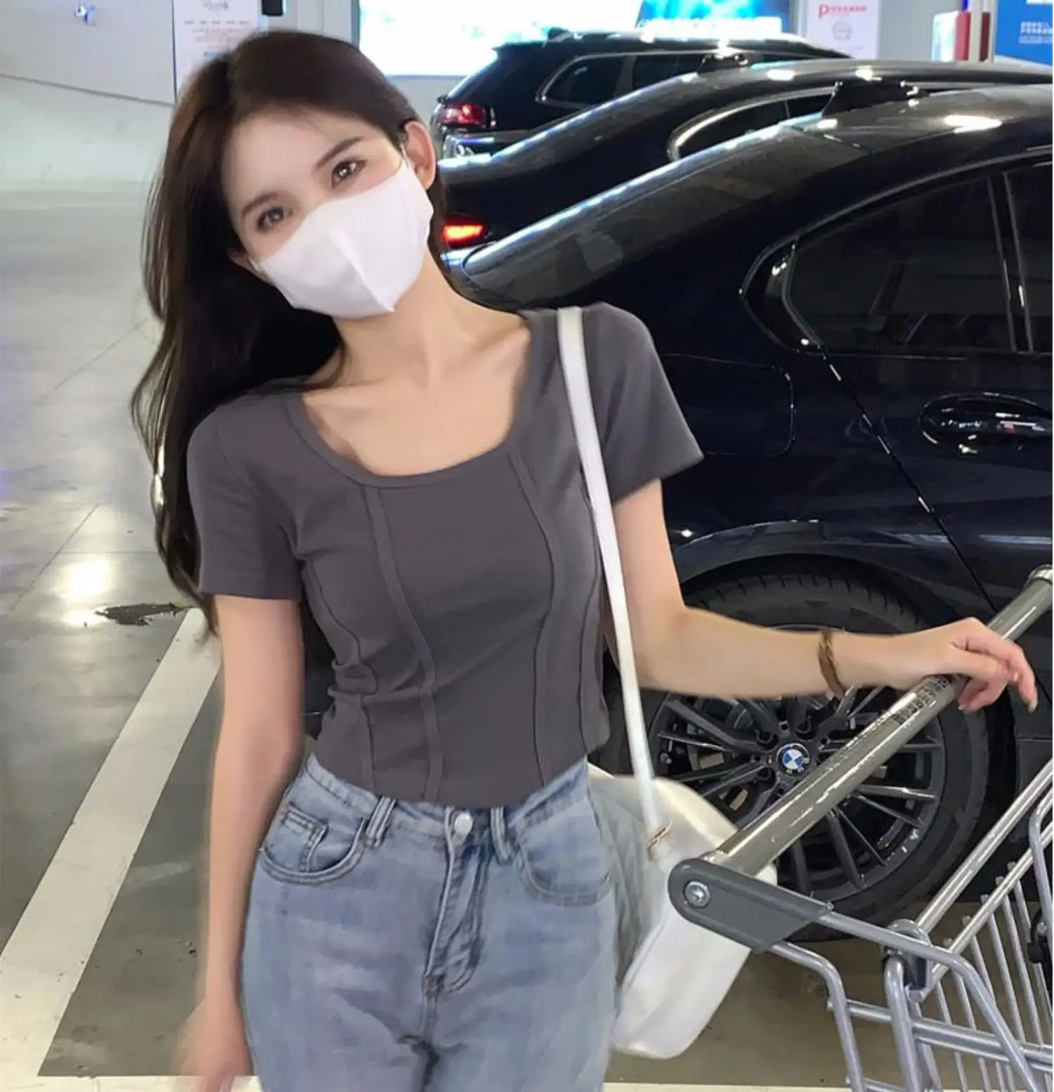 Women Black Square Neck T-Shirt Slim Fit Summer 2025 — feature 9