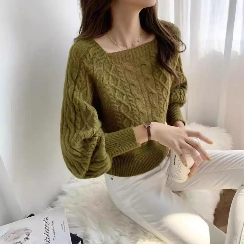Green Japanese Women's Sweater Square Collar Long Sleeve - Image 8
