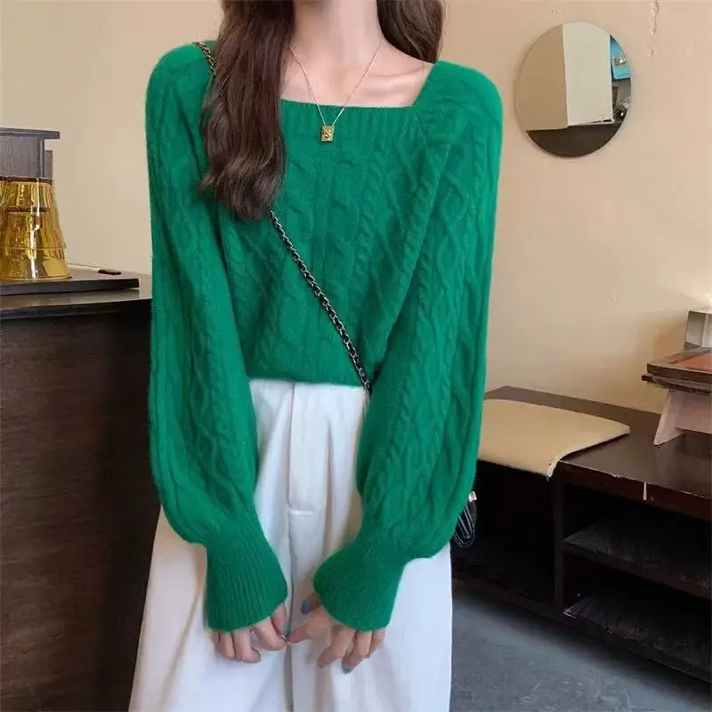 Green Japanese Women's Sweater Square Collar Long Sleeve - Image 9
