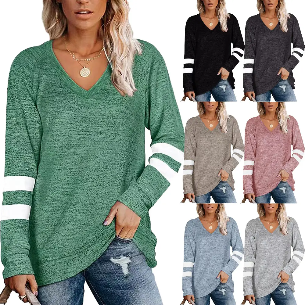 Women Long Sleeve V-Neck T-Shirt Grey White Stripes - Image 8