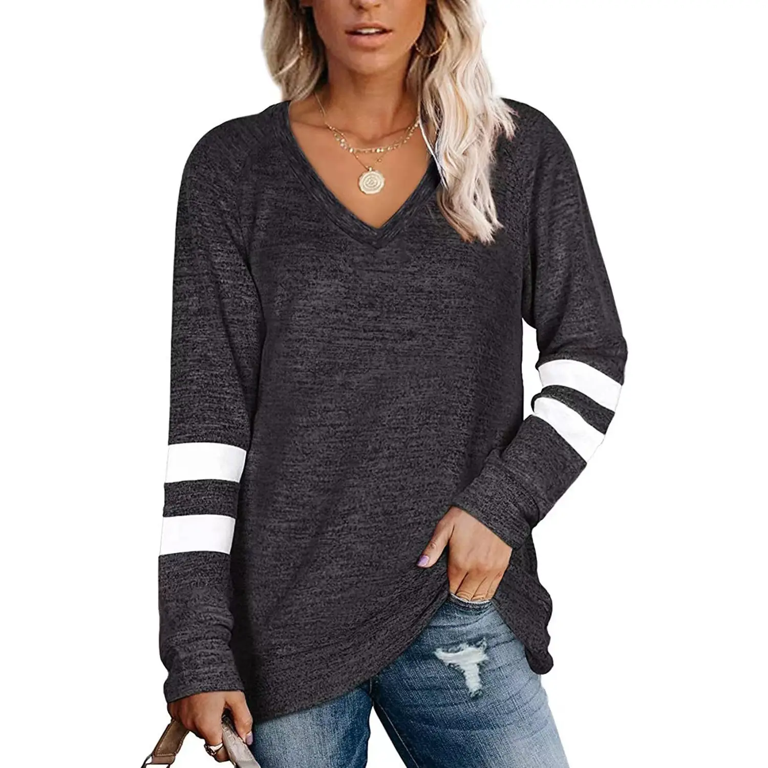 Women Long Sleeve V-Neck T-Shirt Grey White Stripes - Image 5