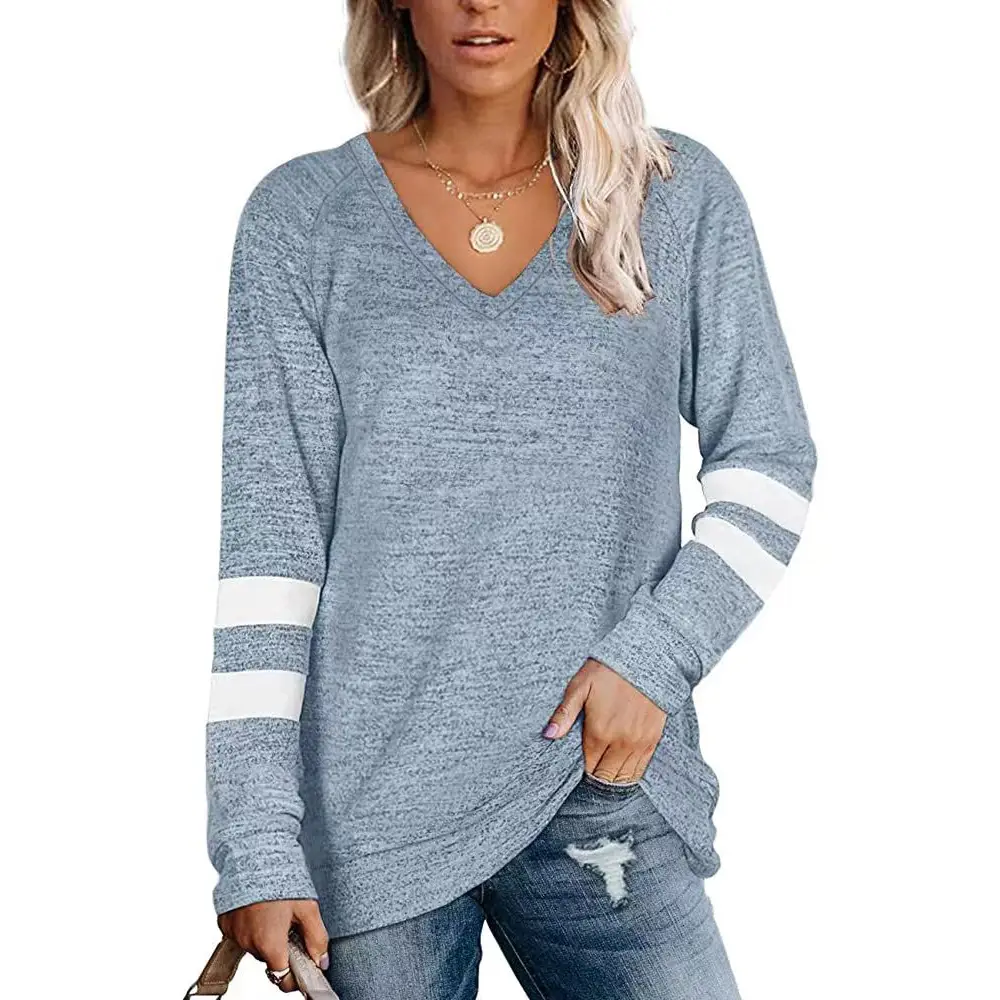 Women Long Sleeve V-Neck T-Shirt Grey White Stripes - Image 7