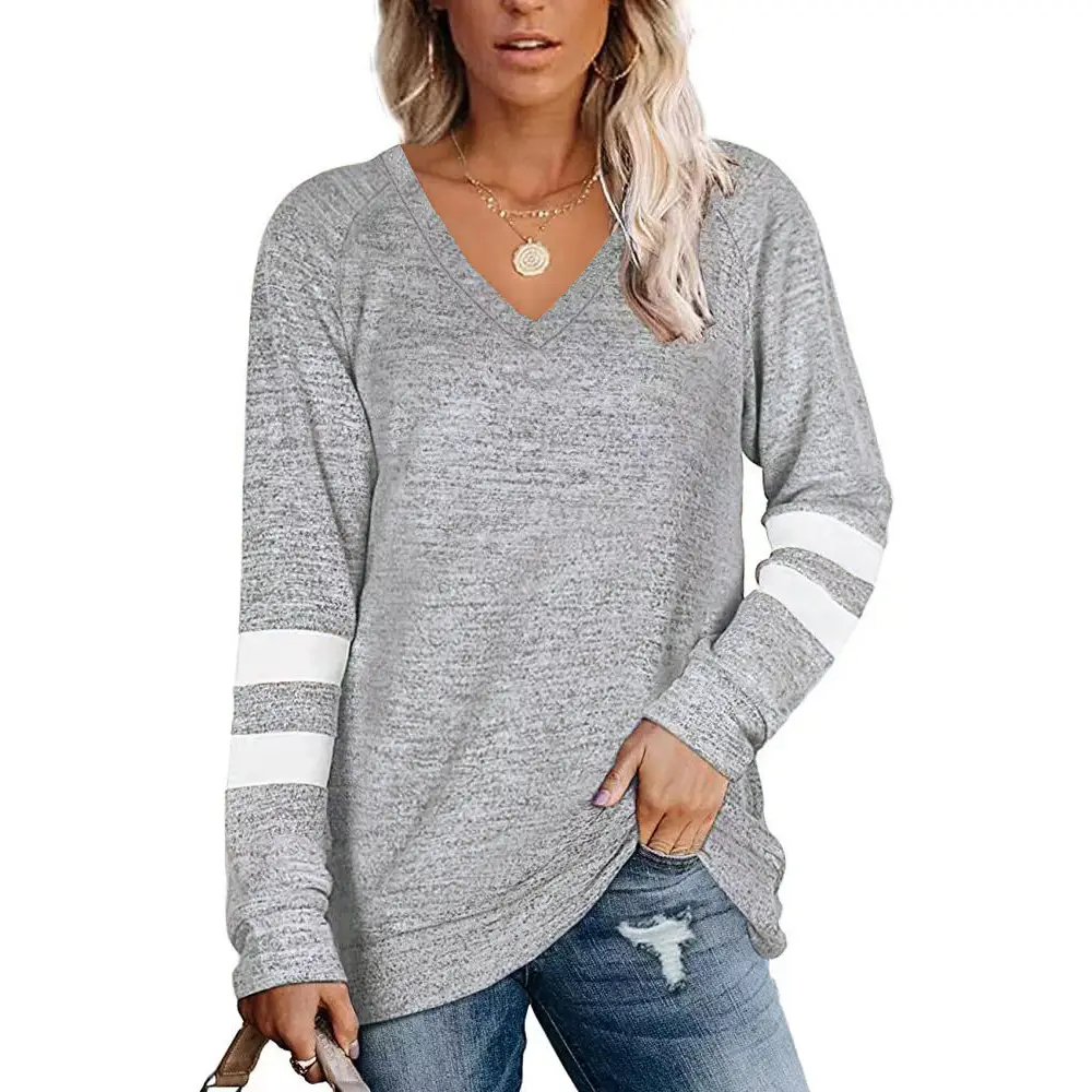 Women Long Sleeve V-Neck T-Shirt Grey White Stripes - Image 4