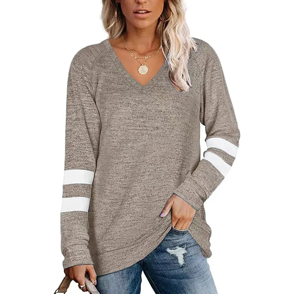 Women Long Sleeve V-Neck T-Shirt Grey White Stripes - Image 6