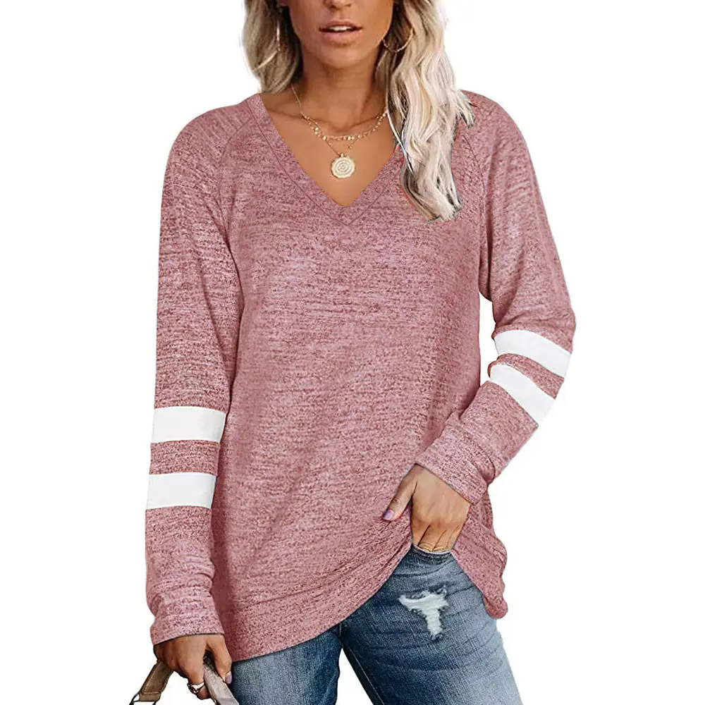 Women Long Sleeve V-Neck T-Shirt Grey White Stripes - Image 2
