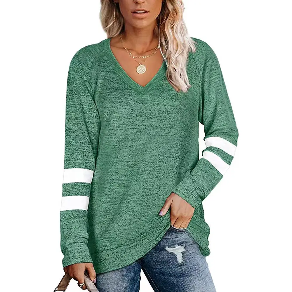 Women Long Sleeve V-Neck T-Shirt Grey White Stripes - Image 3
