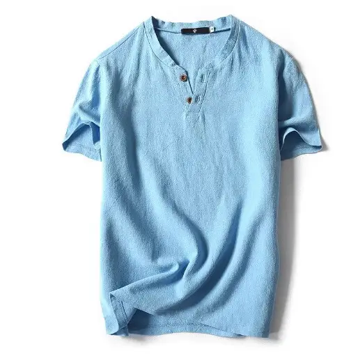 2022 Japanese Linen Men's Navy Blue T-Shirt with Button Front - Image 15