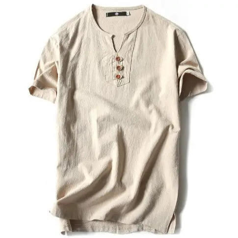 2022 Japanese Linen Men's Navy Blue T-Shirt with Button Front - Image 16