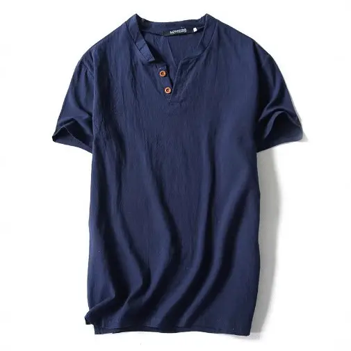 2022 Japanese Linen Men's Navy Blue T-Shirt with Button Front - Image 17