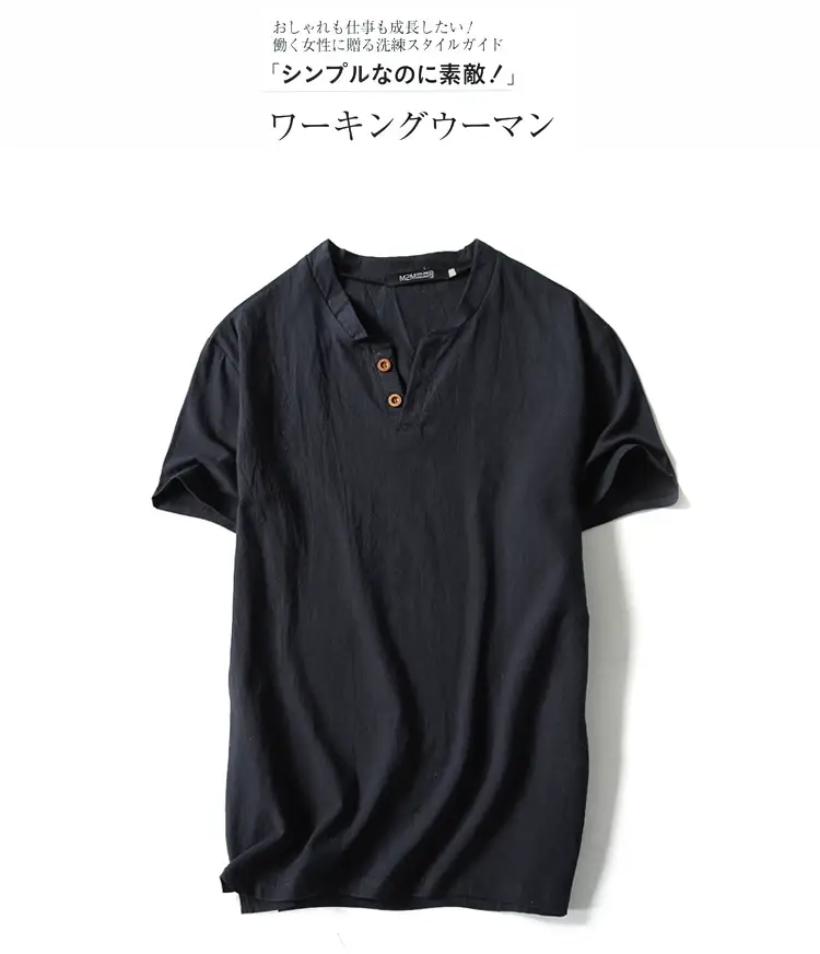 2022 Japanese Linen Men's Navy Blue T-Shirt with Button Front — feature 12