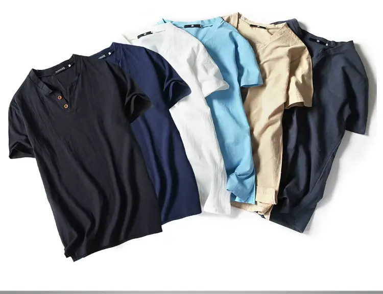 2022 Japanese Linen Men's Navy Blue T-Shirt with Button Front — feature 3