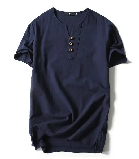 2022 Japanese Linen Men's Navy Blue T-Shirt with Button Front - Image 10